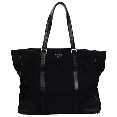 prada nylon shoulder tote bag with leather drawstring black|Prada nylon small tote.